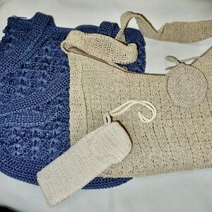 Lot Two Lined Crocheted Boho Handbags Purses - One Blue & One Taupe & Phone Tote